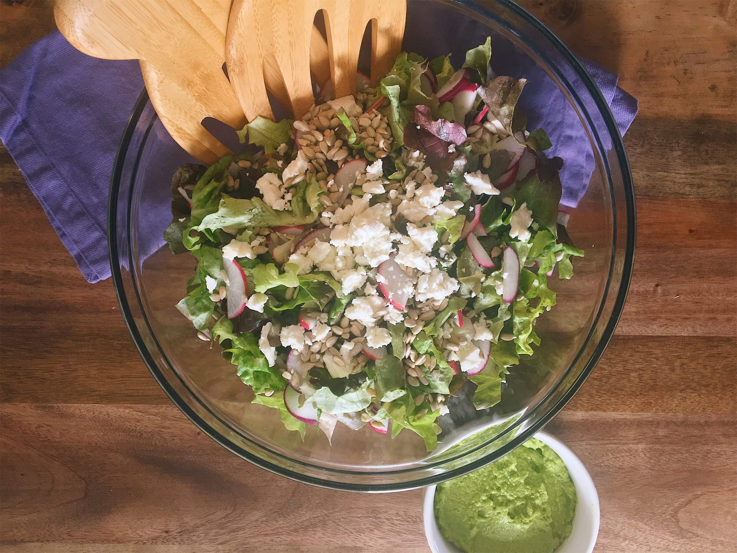 Late Spring Salad with Feta, Radishes, + Garlic Scape Dressing